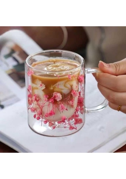 300ML Çift Cidarlı Çiçekli Kupa - Isıya Dayanıklı Çift Katmanlı Cam Çay & Kahve Kupası | Şık ve Ergonomik Tasarım