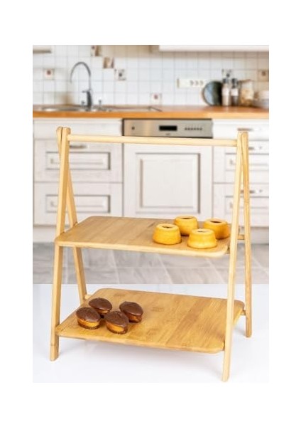 2 Katlı Dikdörtgen Bambu Servis Sunum Seti Büyük Boy, Kuru Pasta, Kurabiye ve Kek Sunumları Için Büyük Boy (38CM-30CM-22.5CM)