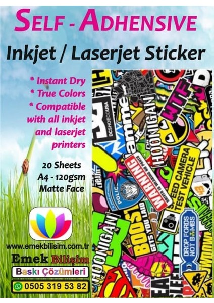 ve Laser Uyumlu Sticker Güçlü Yapışkanlı A4 Etiket Kağıdı Mat Yüzeyli 120GSM (20 Yaprak)