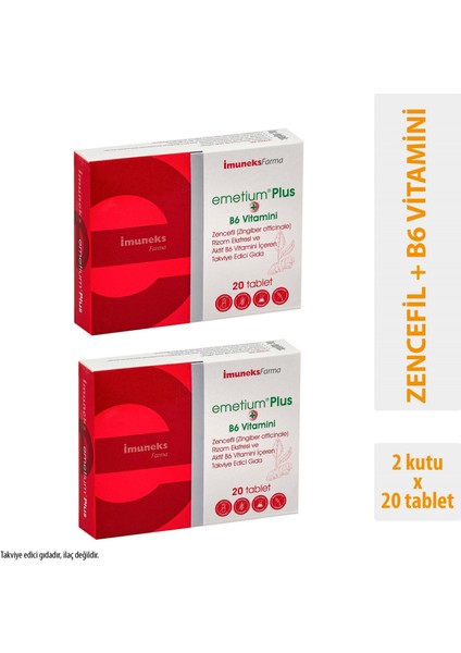 Emetium Plus Zencefil Rizom Ekstresi ve Aktif B6 Vitamini Içeren Takviye Edici Gıda 20 Tablet x 2 Adet