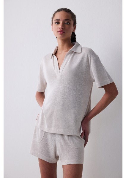 Polo Neck Loose Açık Bej Tişört