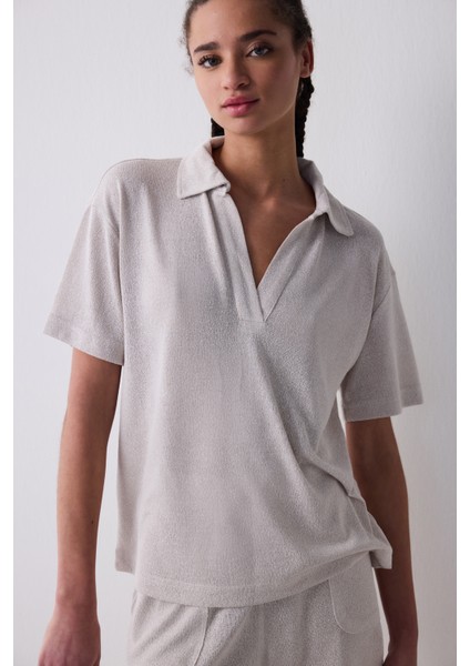 Polo Neck Loose Açık Bej Tişört fiyatları