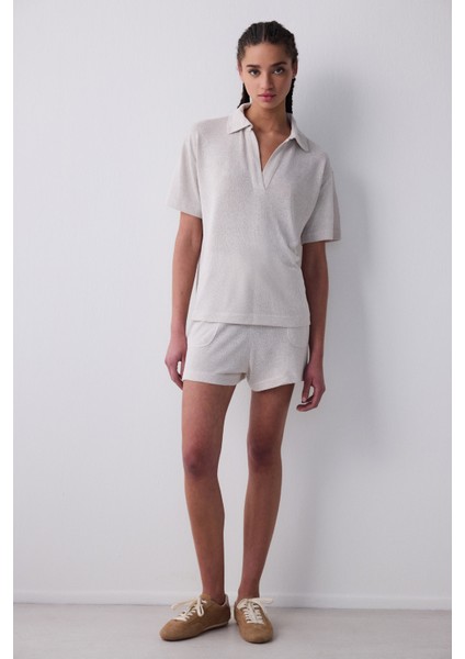 Polo Neck Loose Açık Bej Tişört fırsatları