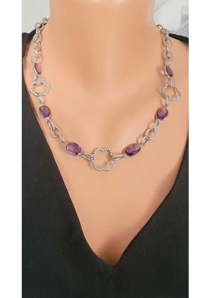 925 Ayar Gümüş Ametist Taşlı Zincir Halkalı Kolye