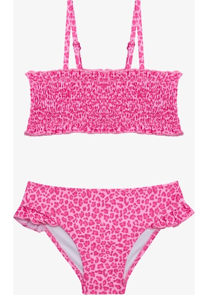 Kız Çocuk Mini Leopar Desenli Fırfırlı Bandeau Bikini Takımı