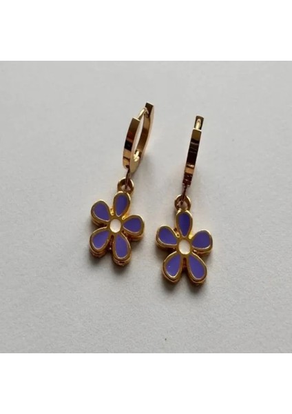 6378 Gold Kaplama Çiçek Detaylı Küpe - Lila