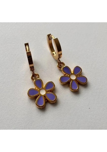 6378 Gold Kaplama Çiçek Detaylı Küpe - Lila