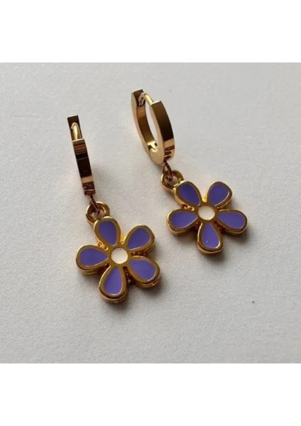 6378 Gold Kaplama Çiçek Detaylı Küpe - Lila