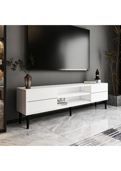 Aragon Modern Tv Sehpası – 140 cm , 2 Kapaklı+2 Açık Raflı, Siyah & Beyaz Renk Seçenekli Tv Ünitesi