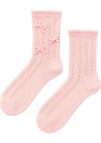 Kadın Örgü Fiyonklu Triko Çorap Pembe