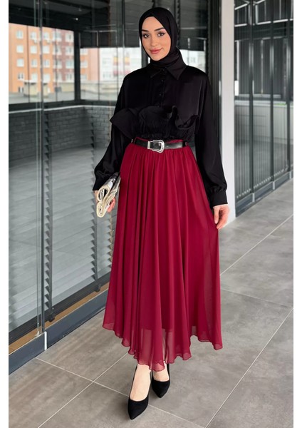 Kemerli Tesettür Şifon Etek P-00016249