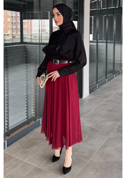 Kemerli Tesettür Şifon Etek P-00016249 modelleri
