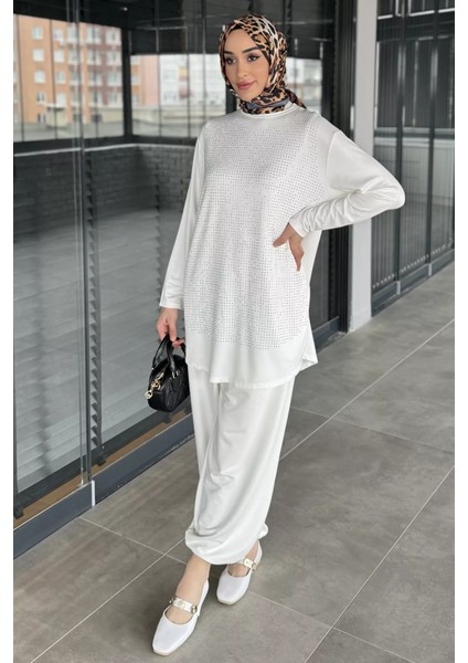Taş Işlemeli Bisiklet Yaka Tunik Pantolon Tesettür Ikili Takım P-00016179