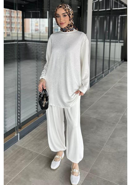 Taş Işlemeli Bisiklet Yaka Tunik Pantolon Tesettür Ikili Takım P-00016179