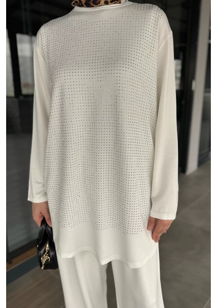 Taş Işlemeli Bisiklet Yaka Tunik Pantolon Tesettür Ikili Takım P-00016179