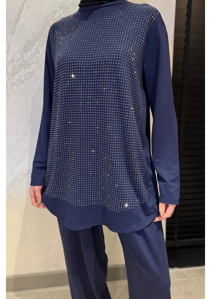 Taş Işlemeli Bisiklet Yaka Tunik Pantolon Tesettür Ikili Takım P-00016179