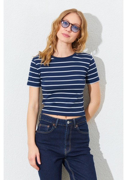 Kadın Lacivert-Beyaz (25512) Bisiklet Yaka Çizgili Kısa Kollu Full Likra Ribana Tişört