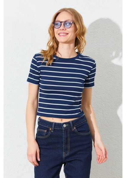 Kadın Lacivert-Beyaz (25512) Bisiklet Yaka Çizgili Kısa Kollu Full Likra Ribana Tişört fiyatları