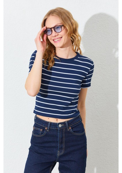 Kadın Lacivert-Beyaz (25512) Bisiklet Yaka Çizgili Kısa Kollu Full Likra Ribana Tişört modelleri