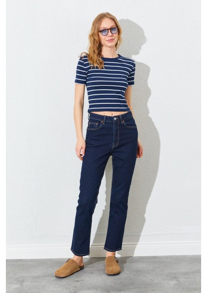 Kadın Lacivert-Beyaz (25512) Bisiklet Yaka Çizgili Kısa Kollu Full Likra Ribana Tişört indirimleri