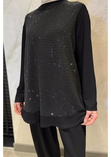 Taş Işlemeli Bisiklet Yaka Tunik Pantolon Tesettür Ikili Takım P-00016179
