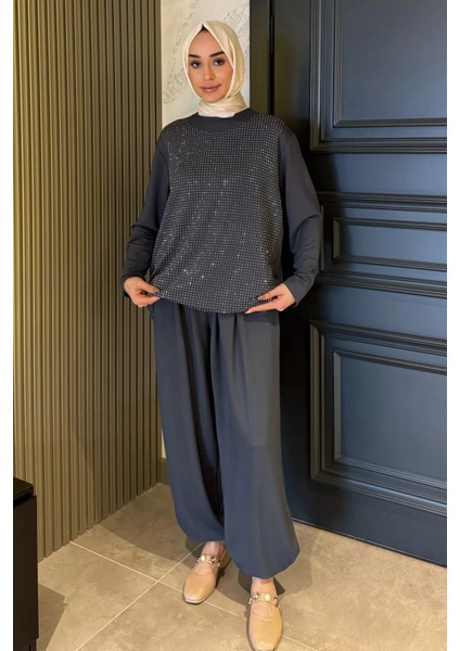 Taş Işlemeli Bisiklet Yaka Tunik Pantolon Tesettür Ikili Takım P-00016179