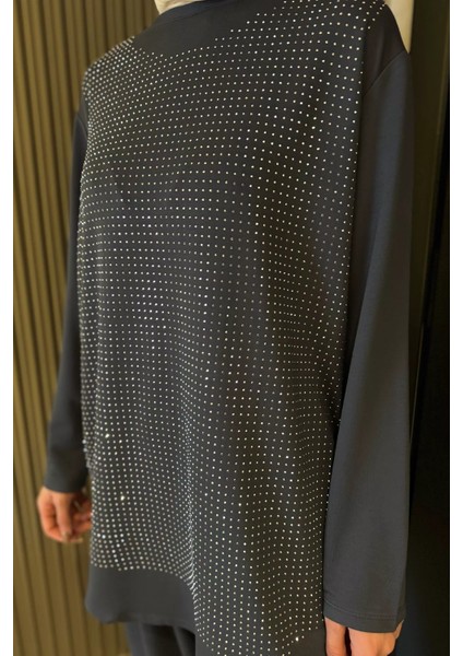 Taş Işlemeli Bisiklet Yaka Tunik Pantolon Tesettür Ikili Takım P-00016179
