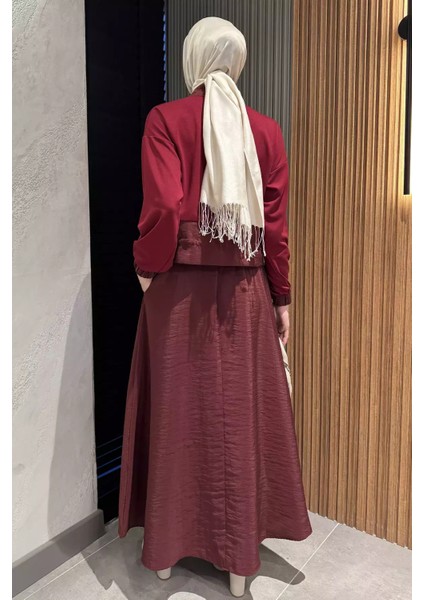Bel Lastikli Paraşüt Garnili Yaka Çıtçıt Detaylı Bluz Etek Tesettür Ikili Takım P-00015803