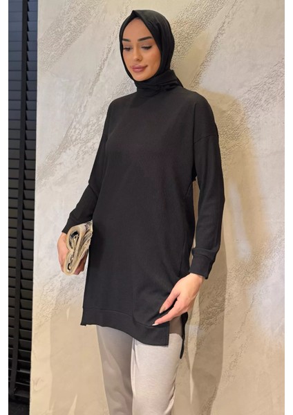 Kadın Bisiklet Yaka Yırtmaç Detaylı Bürümcük Tesettür Tunik P-00016048