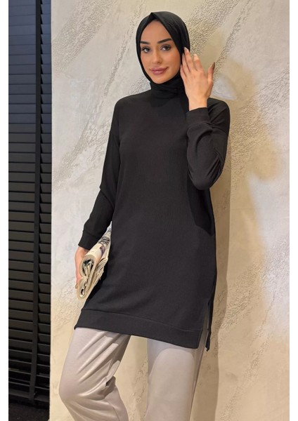 Kadın Bisiklet Yaka Yırtmaç Detaylı Bürümcük Tesettür Tunik P-00016048