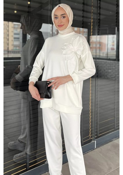 Yaka Çiçek Detaylı Tunik Pantolon Tesettür Ikili Takım P-00015931