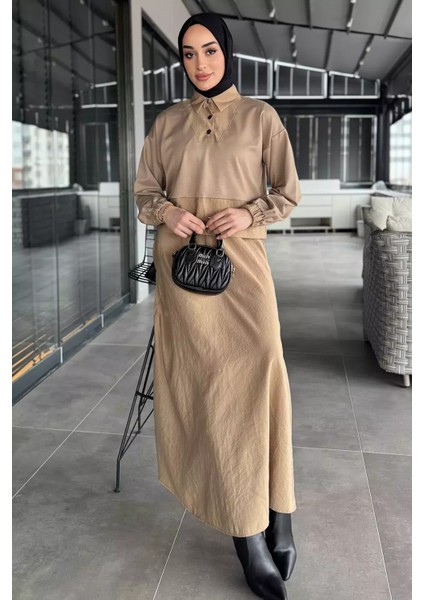 Bel Lastikli Paraşüt Garnili Yaka Çıtçıt Detaylı Bluz Etek Tesettür Ikili Takım P-00015803