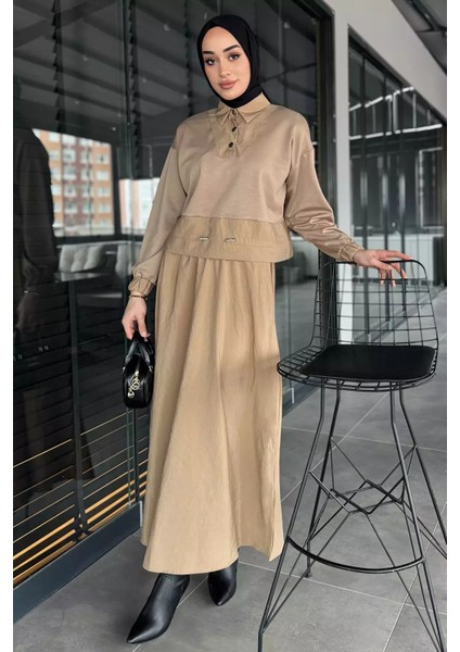 Bel Lastikli Paraşüt Garnili Yaka Çıtçıt Detaylı Bluz Etek Tesettür Ikili Takım P-00015803