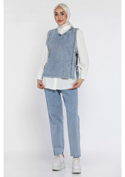 Yan Bağlamalı Taş Detaylı Kot Yelek Gömlek Pantolon Jean Tesettür Üçlü Takım P-00015930