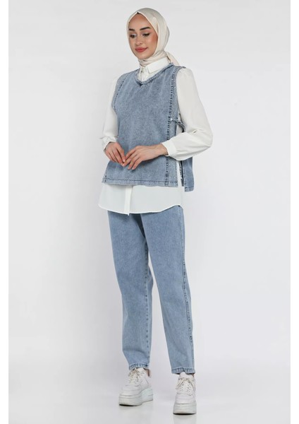 Yan Bağlamalı Taş Detaylı Kot Yelek Gömlek Pantolon Jean Tesettür Üçlü Takım P-00015930