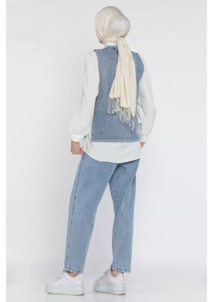Yan Bağlamalı Taş Detaylı Kot Yelek Gömlek Pantolon Jean Tesettür Üçlü Takım P-00015930