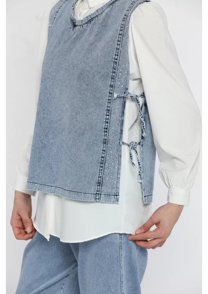 Yan Bağlamalı Taş Detaylı Kot Yelek Gömlek Pantolon Jean Tesettür Üçlü Takım P-00015930