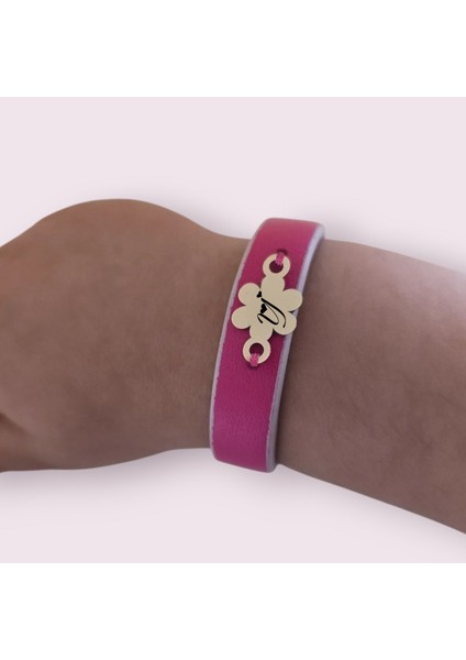 14 Ayar Altın Plakalı Kız Çocuklara Özel Çiçek Motifli Derili Harf Bilekliği-383Harf-PEMBE fiyatları