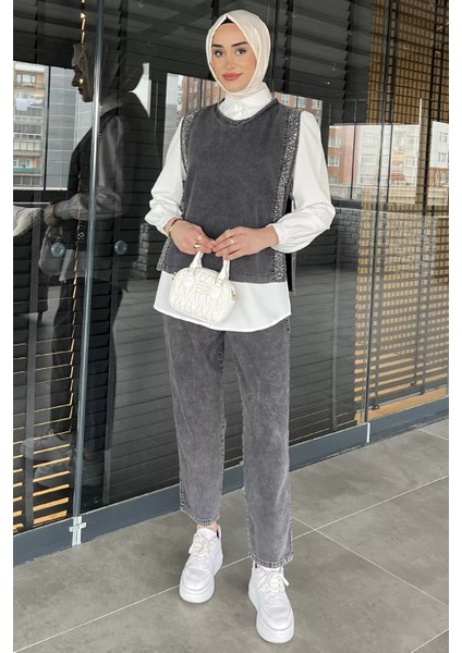 Yan Bağlamalı Taş Detaylı Kot Yelek Gömlek Pantolon Jean Tesettür Üçlü Takım P-00015930