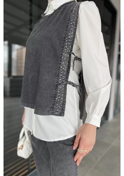 Yan Bağlamalı Taş Detaylı Kot Yelek Gömlek Pantolon Jean Tesettür Üçlü Takım P-00015930 modelleri