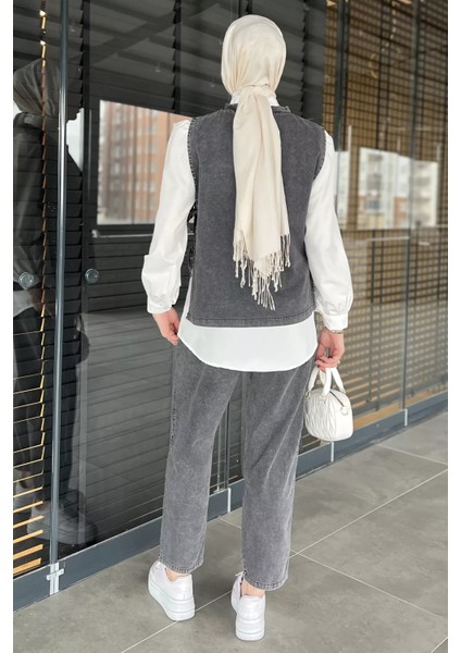 Yan Bağlamalı Taş Detaylı Kot Yelek Gömlek Pantolon Jean Tesettür Üçlü Takım P-00015930 fırsatları