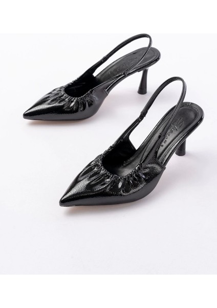İNF-40451 Siyah Kırışık Rugan Günlük Arkası Açık Topuklu Bayan Ayakkabı modelleri
