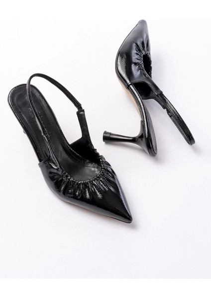 İNF-40451 Siyah Kırışık Rugan Günlük Arkası Açık Topuklu Bayan Ayakkabı fırsatları