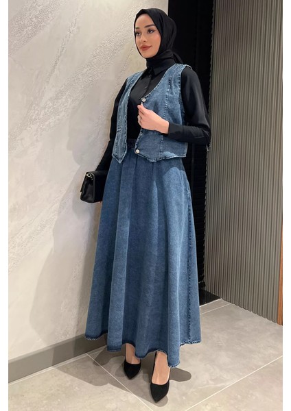 Tesettür Cepli Etek Yelek Jean Kot Ikili Takım P-00015913