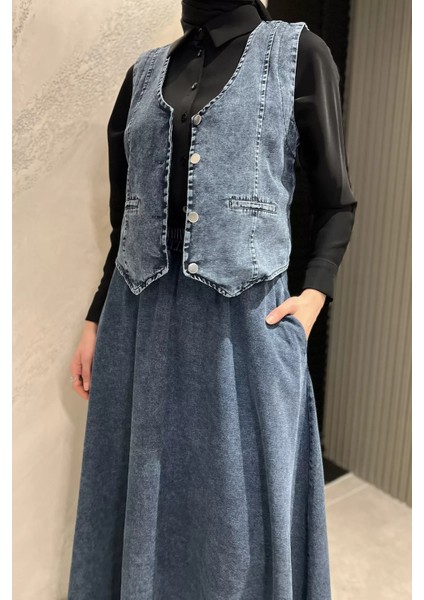 Tesettür Cepli Etek Yelek Jean Kot Ikili Takım P-00015913 modelleri