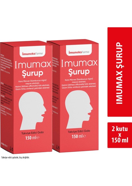 Imuneks Farma Imumax Şurup kara Mürver Meyve EkiHatmi Kök EkiÜzüm Çekirdek Eki Içeren Takviye Edici Gıda 150 ml x 2 Adet