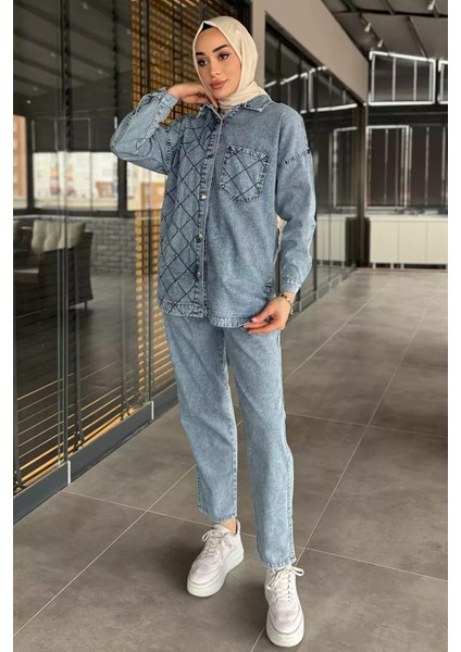 Kadın Tek Cepli Taş Detaylı Jean Kot Ceket Pantolon Tesettür Ikili Takım P-00015609