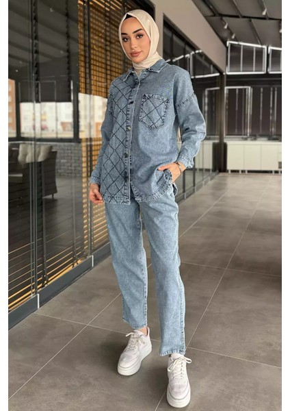 Kadın Tek Cepli Taş Detaylı Jean Kot Ceket Pantolon Tesettür Ikili Takım P-00015609