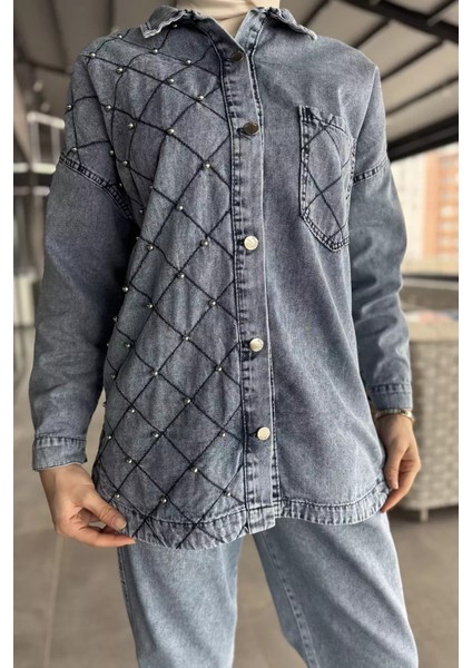 Kadın Tek Cepli Taş Detaylı Jean Kot Ceket Pantolon Tesettür Ikili Takım P-00015609