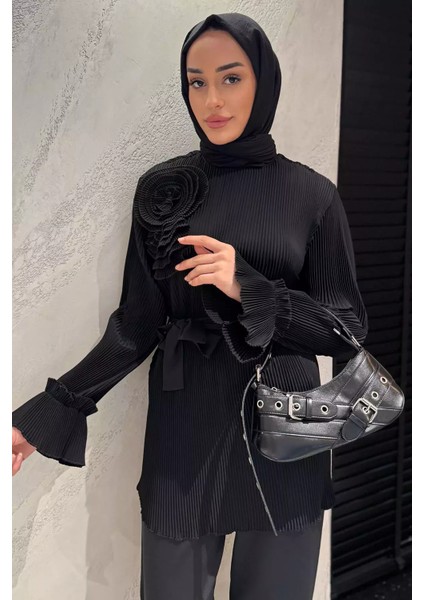 Yaka Gül Detaylı Piliseli Kol Lastikli Tesettür Tunik P-00015653
